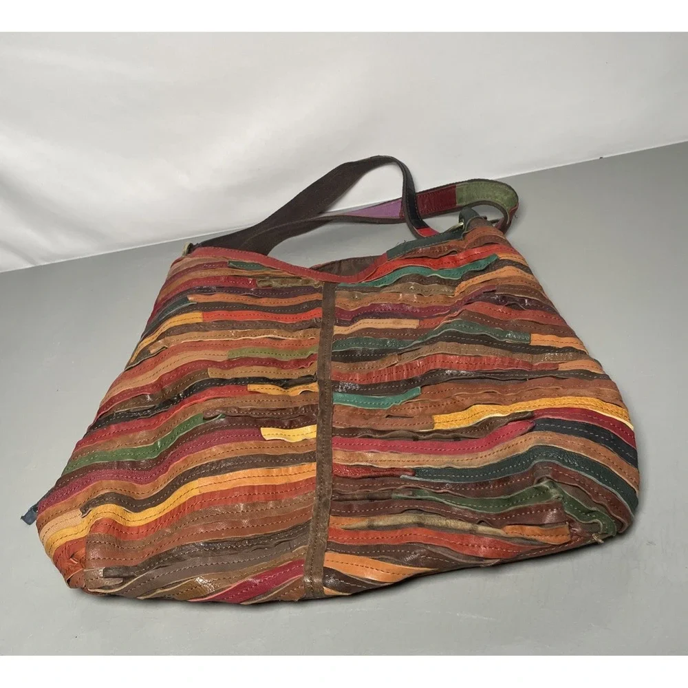 Multi Colored Patchwork Leather Stripes Hobo Studded Bag